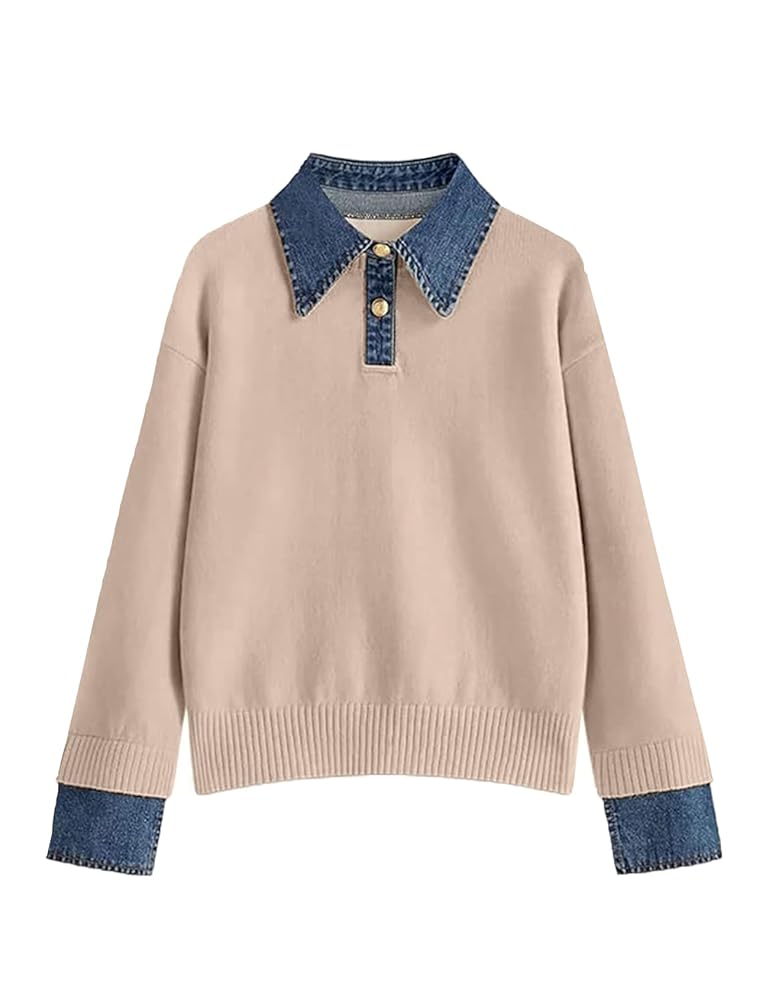 Zucige Womens Denim Lapel Sweater Oversized Long Sleeve